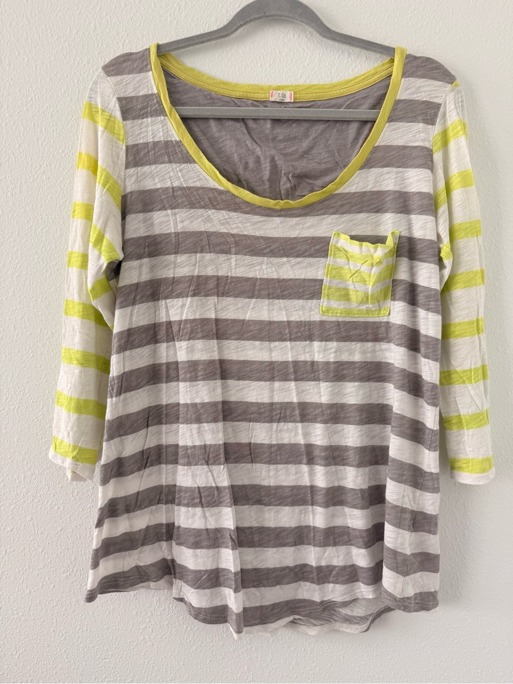 T.La Gray and Yellow Striped Scoop Pocket Top